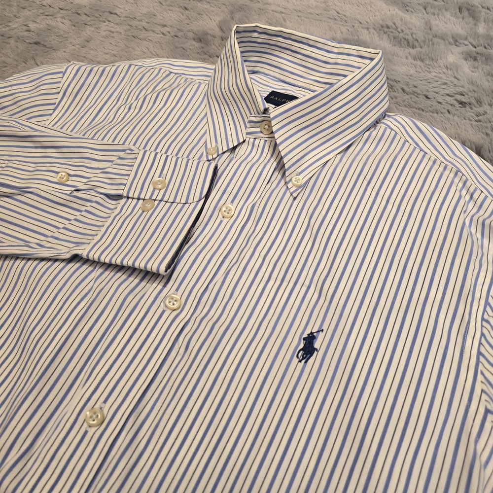 Ralph Lauren Mens Custom Fit Easy Care Striped Button Down Shirt Blue White 15.5